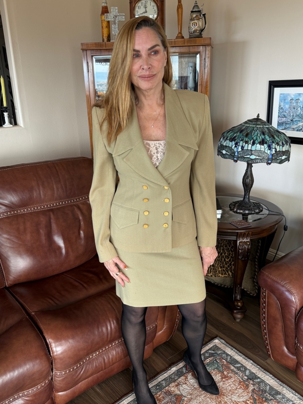 Rina Rossi Olive Double-Breasted Blazer and Skirt Set